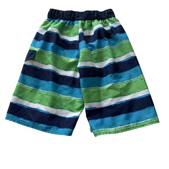 Adidas Boys Striped Swim Trunks M Green Blue Elastic Waistband Beach Resort Vaca - Picture 2 of 4